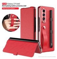 Plating Mirror For Samsung Galaxy Z Fold 3 Case Bracket Pen Slot Flip Book Protection Cover Artificial leather raudona