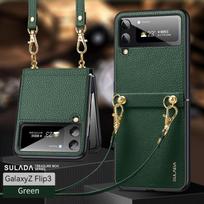 For Samsung Galaxy Z Flip 3 5g (2021 )Case ,With Strap Lanyard Crossbody ,Leather Protective Phone Cover With Shoulder Strap for Galaxy Z Flip 3 žalia