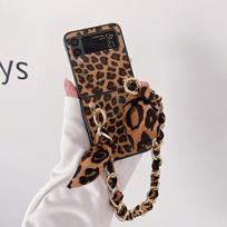 Moteris Sexy Leopard Print Pu Odinis telefono dėklas, skirtas Samsung Galaxy Z Flip 3 4 5g Galinis dangtelis su nešiojama šilko skarelių grandinėle For Samsung Z Flip 4