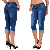 Moteriškos „Capri“ antblauzdžiai su džinsais 3/4 vasaros antblauzdžiai „Jggings“ siauros margintos „Jegging“ kelnės S mėlyna