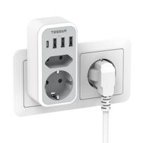 TESSAN EU sieninio lizdo adapteris su 2 lizdais ir 3 USB įkrovikliais (2.4A) ir 1 tipo C prievadas (3A), 6 viename kelių lizdų maitinimo juosta 2 Outlets 3 USB 1 Type-C pilka spalva