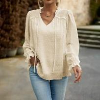 Nėriniai su V formos iškirpte šifoninė palaidinė, moteriška, madinga žakardo spalvos elegantiški moteriški marškiniai Laisvalaikio ploni viršūnės ilgomis rankovėmis Moteriški drabužiai 30057 XL balta