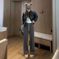Women's Herringbone Wide Leg Pants Autumn and Winter Casual Wool Dress Pants Grey Wool Straight Leg Pants XXL pilka
