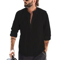 Men Spring Shirt Solid Color Stand Collar Loose Long Sleeves Soft Match Pants Casual Half Single-breasted Men Top Men Clothes 2XL juoda