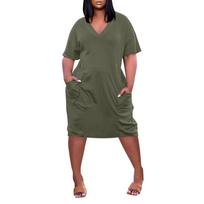 Summer Plus Size V Neck Short Sleeve Knee Pocket Soild Color Casual Dress For  Women L armijos žalia spalva