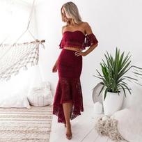 Seksuali, moteriška, be pečių, sijono kostiumas „Laides“ kokteilių vakarėliui pritaikyta „Bodycon“ suknelė S vyno raudonos spalvos