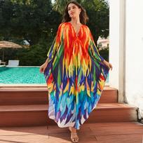 Didelio dydžio maudymosi kostiumėlis „Kaftan Bohemian“ spausdinta V kakleliu, rankovėmis, didele suknele, moteriška paplūdimio apranga One Size rutulys mėlynos spalvos