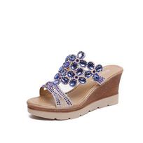Women's Casual Chunky Heeled Platform Sandals Round Open Toe Wedge High Heels Dress Sandal Women Summer Slippers Rhinestones Slides Slip on Mule Shoes 35 mėlyna