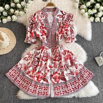 Summer Women Designer Vintage Print Runway Dress Elegant V-neck Single Breasted Party Dresses M raudona