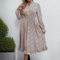 YYFS Women's Fashion Spring Fall Leopard Print Long Sleeve Stand-collar High Waist Casual Dresses XL chaki
