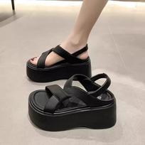 madingos 8cm aukštos platformos basutės moterims pleištiniai aukštakulniai odiniai batai moteriai naujos vasarinės stambios basutės paplūdimio šlepetės Zapatos Mujer 34 juoda