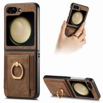 Žiedo laikiklis Piniginė Kortelių laikiklis Odinis dėklas Samsung Galaxy Z Flip 6 5 4 3 5G Apsauga Telefono dėklas Krepšys Z Flip6 Flip5 Flip4 Flip3 for Samsung Z Flip 4 ruda