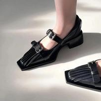 Fashion Luxury Designer Black Leather Mary Jane Women Shoe Metal Belt Buckle High Heels for Women Pointed Toe Chunky High Heeled Sandals 35 juoda