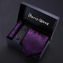 Dizaineris Paisley vyriškas šilko kaklaraištis Hanky ​​rankogalių sąsagos su dovanų dėžutėmis austų gėlių kaklaraiščių rinkinys N-5134 juoda/violetinė