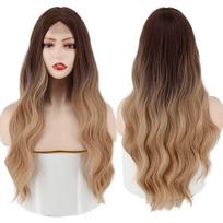 MISSQUEEN ilgų bangų perukas Ombre rudas auksinis sintetinis perukas Cosplay vidutinės dalies moteriškas natūralus karščiui atsparus perukas 28inches