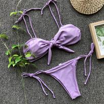 Moteriškas maudymosi kostiumėlis, purpurinis blizgus, seksualus šoninis kaklaraištis bikinio rinkinys maudymosi kostiumėliai paplūdimio apranga maudymosi kostiumėliai S violetinė