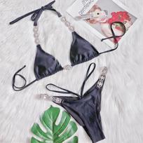 Rhinestones Diamond Scrunch Butt Bikini Moteriškas maudymosi kostiumėlis Moteriškas maudymosi kostiumėlis Dviejų dalių bikinio rinkinys Maudymosi kostiumėlis Maudymosi Moteris S juoda