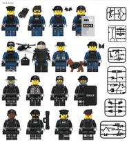 16 vnt. miesto policijos SWAT statybinių blokelių lėlės su priedais, figūrėlės, rudi šunys, vaikai, animacinių filmukų personažai, policija, suderinama su mažomis dalelėmis