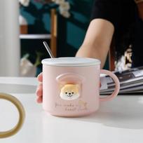 Sveiki, 3D keraminis Shiba Inu Akita šunų kavos puodelis Įmantrus animacinis gyvūnų arbatos puodelis su dangteliu ir šaukštu šunų mylėtojams Pieno karšto vandens puodelis rožinė