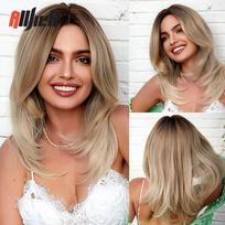 Vidutinio ilgio sintetiniai perukai Šviesiai rudas tiesus perukas su kirpčiukais moterims Afro Cosplay Party Natural Hair Perukai Atsparūs karščiui