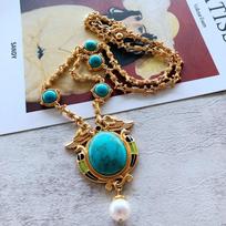 Ancient Western Turquoise Necklace Electroplated with True Gold Chain, Horse Shell Bead Pendant Necklace 56CM