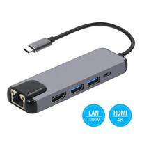 TYPE-C adapteris prie HDTV, skirtas Apple MacBook Seriers nešiojamam kompiuteriui su USB-C išvestimi į USB3.0 + LAN + USB-C prie C tipo 5 viename adapteris pilka spalva