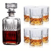 7 vnt/komplektas Viskio sandarus buteliukas ir stiklinis rinkinys 33,81oz Premium butelis su 6 vnt vyno taurėmis Vyno taurės grafinų rinkinys, tinkamas viskio brendžiui Scotch 7-Pack [Grid Style]