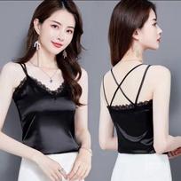 Spring and Summer Black Lace Imitation Silk Sling Women's Thin Suits Wear Outer Vests and Inner Vests Sleeveless Bottoming Shirt Top S white