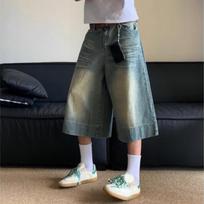 Moteriški skalbti mėlyni džinsai šortai Vintažiniai Y2k Long Jorts Baggy Harajuku aukštu juosmeniu korėjietiški gatvės drabužiai plačiomis kojomis džinsiniai šortai S mėlyna