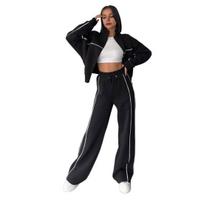 2 Pcs/Set Women Coat Pants Suit Half-high Collar Zip-up Long Sleeve Top Elastic Waist Wide Leg XL juoda