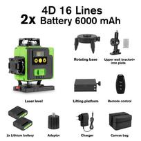 HGLINE 4D 16 linijų žalios linijos lazerinis nivelyras, savaime išsilyginantis 360° horizontalus ir vertikalus lazerinis nivelyras su 30 m nuotolinio valdymo pultu APP 2xBattery-EU Plug