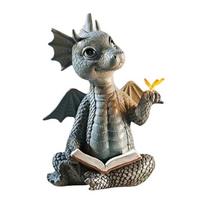 Mielas mažasis drakonas dinozauras, meditacija, knygos skaitymas, skulptūra, figūrėlė sodas, namų dekoravimas dervos ornamentas, lauko dekoras