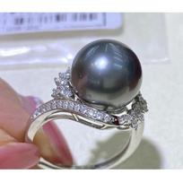 Imitation Natural Seawater Tahitian Black Pearl Plated 18K Diamond Ring Ring Ring Round Strong Light Elegant Women'S Ring opening adjustable