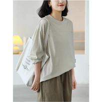 Johnature Woman Autumn Personality Splice Loose Casual Vintage T-Shirt Korean O-Neck Solid Color Long Sleeves T-Shirt M žalia