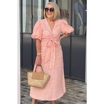 Women's Spring Summer V-neck Lace Up Bubble Sleeve Cotton Dress Casual Dresses S rožinė