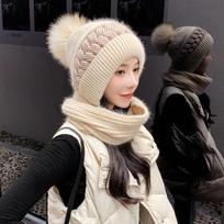 Hat and Scarf One-piece Female Winter Warmth and All-match Autumn and Winter Woolen Hat and Velvet Winter Knitted Hat One size