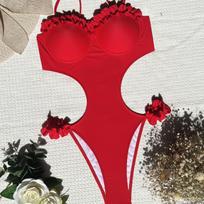 Moteriškas maudymosi kostiumėlis, vientisos spalvos vientisas maudymosi kostiumėlis, surištas nėriniuotas seksualus bikinis Brazilijos paplūdimio apranga S raudona