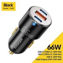 Essager 100W USB automobilinis įkroviklis Quick Charge QC 3.0 PD 3.0 USB Type C automobilinis greitas įkrovimas iPhone Huawei Samsung nešiojamiesiems kompiuteriams planšetiniams kompiuteriams 66W Dual Type C+USB juoda