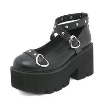 Gdgydh Gothic Lolita Batų platforma Mary Janes moterims Apvali galva Chunky Heel Cross Bandage Heart Sagle Kawaii Shoes Cosplay 35 juoda
