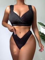 Seksualus briaunotas vidutinio juosmens bikini moteriškas maudymosi kostiumas moterų maudymosi drabužiai dviejų dalių bikini komplektas su pakietinimu maudymosi kostiumas Swim Lady S juoda