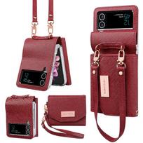 Skirtas Samsung Galaxy Z Flip 4 Case Z Flip 3 prabangiam raišteliui piniginės kortelių laikikliui sulankstomas piniginės krepšys Rankų dirželis, jaučiantis odą, galinis dangtelis For Galaxy Z Flip 4 vyno raudonos spalvos