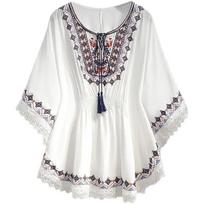 Moteriški vasariniai marškinėliai Negabaritiniai Boho siuvinėti marškiniai apsiaustas viršutinis laisvas nėriniuotas apvadas šikšnosparnio rankovėmis kimono marškinėliai Blusa Feminina onesize(40-70KG) balta