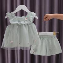 2PCS Children Clothing Set Spring Summer Girls Suits Embroidery Sleeveless Tops + Pants Clothing Set 80 mėlyna