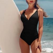 Attraco Women One-Piece V-Neck Sexy Cross Straps Solid Monokini Sides Drawstrings Soft Bathing Swimsuit L raudona