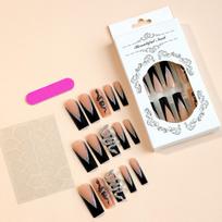 24pcs/set Extra Long Pipe French Wear Nail Rhinestone Snake Fake Nails Finished Rectangle Glitter Black None
