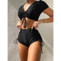 Women Bikini Set String Ribbed V Neck Push Up Top High Waist Bottom Sexy Swimsuits XL juoda