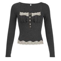 Spring and Summer Women's Long-sleeved Lace Contrast Stitching Square Neck Thin Top Retro Court Style Pleated Slim Fitting Hot Girl Bottom T-shirt L pilka spalva