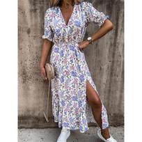 GMXIA Summer Spring Women's Dress V-neck Sexy Print Dress Long Skirt XXXL gray