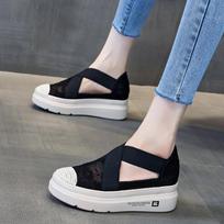 Fashion 7cm Air Mesh Platform Wedge Flats Lace Breathable Comfy High Brand Summer Spring Fashion Chunky Sneaker Autumn Casual Shoes 34 juoda
