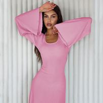 GMXIA Women's Fashion Spring Autumn Solid Color Print Long Sleeve U-Neck High Waist Casual Dresses XL chaki